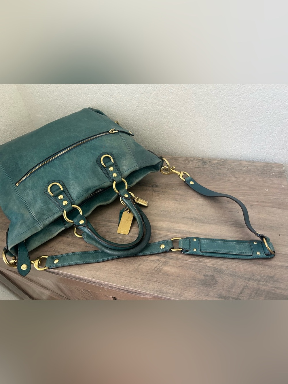 Coach Madison Leather Julianne Tote Teal and Gold Shoulder Bag Purse Handbag - Picture 9 of 12